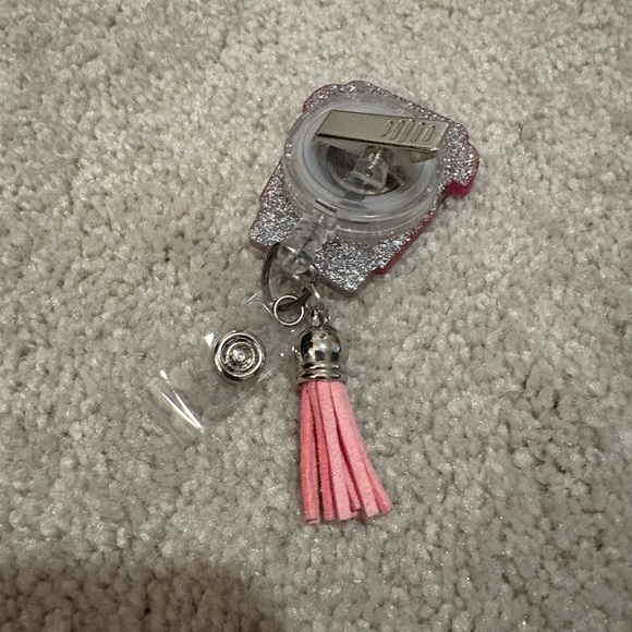 Pink and Silver Glitter Keychain Badge Holder with Tassel - Picture 2 of 2